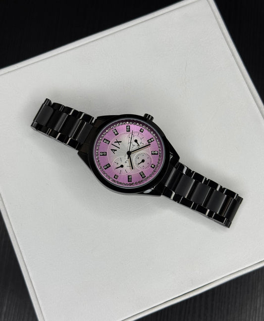 Elegant Pink Dial Women’s Watch – Black Stainless Steel Strap Watch | Crystal Studded Designer Watch for Ladies
