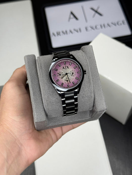 Elegant Pink Dial Women’s Watch – Black Stainless Steel Strap Watch | Crystal Studded Designer Watch for Ladies