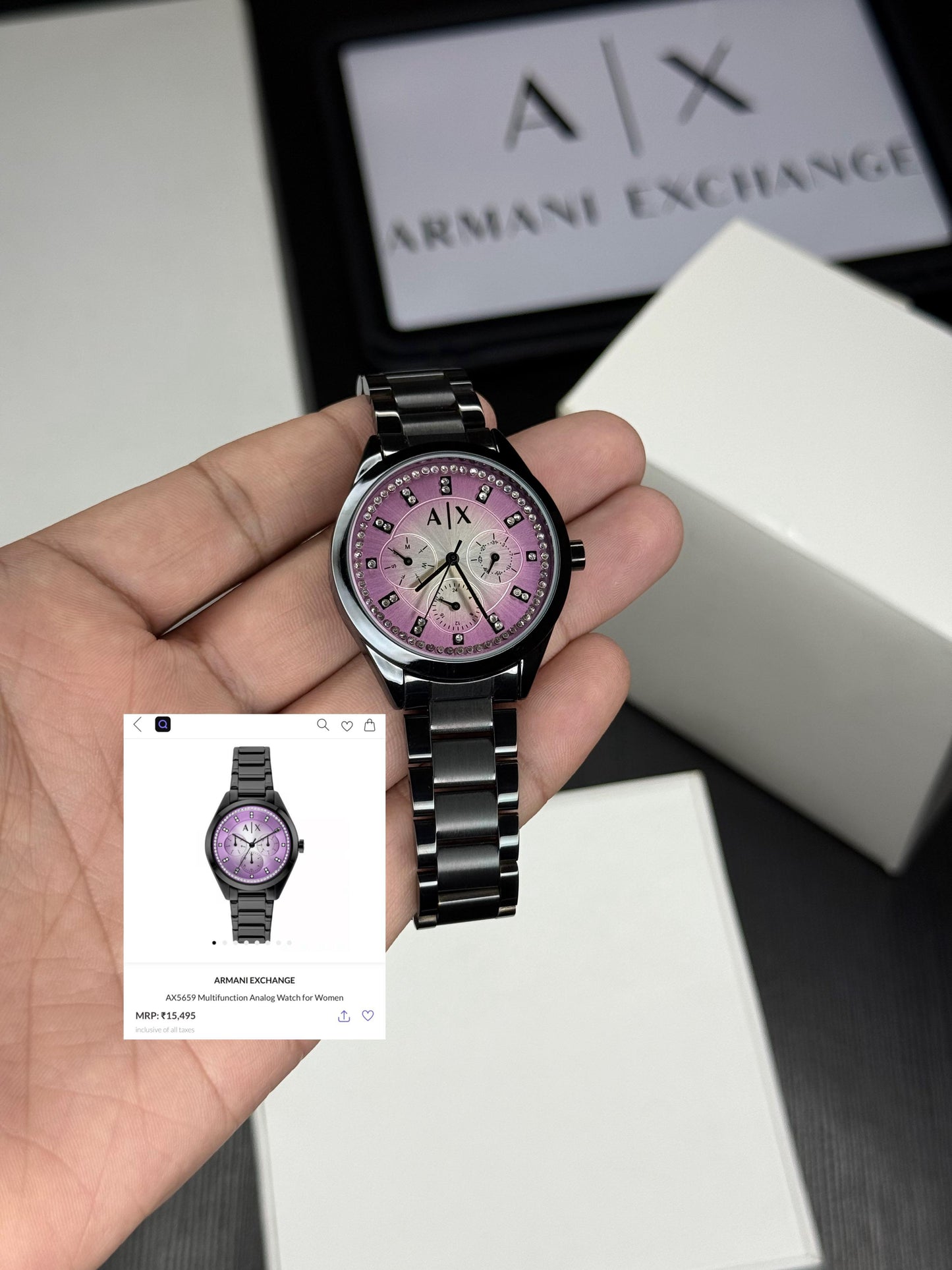 Elegant Pink Dial Women’s Watch – Black Stainless Steel Strap Watch | Crystal Studded Designer Watch for Ladies