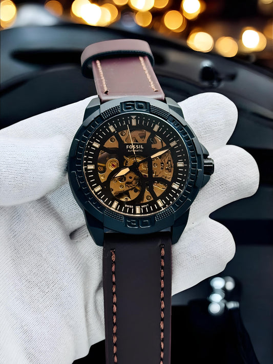 Skeleton Automatic Style Watch for Men – Brown Leather Strap Luxury Watch | Open Dial Mechanical Design