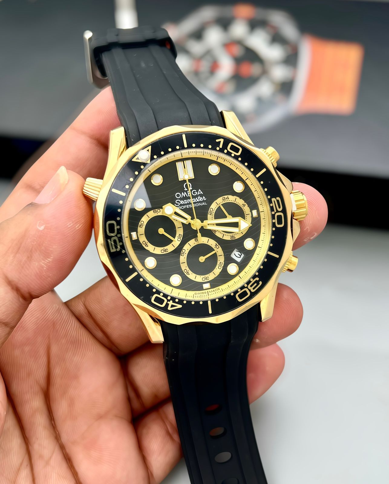 Black & Rose Gold Luxury Sports Watch for Men – Chronograph Style Black Dial Watch | Silicone Strap | Premium Design