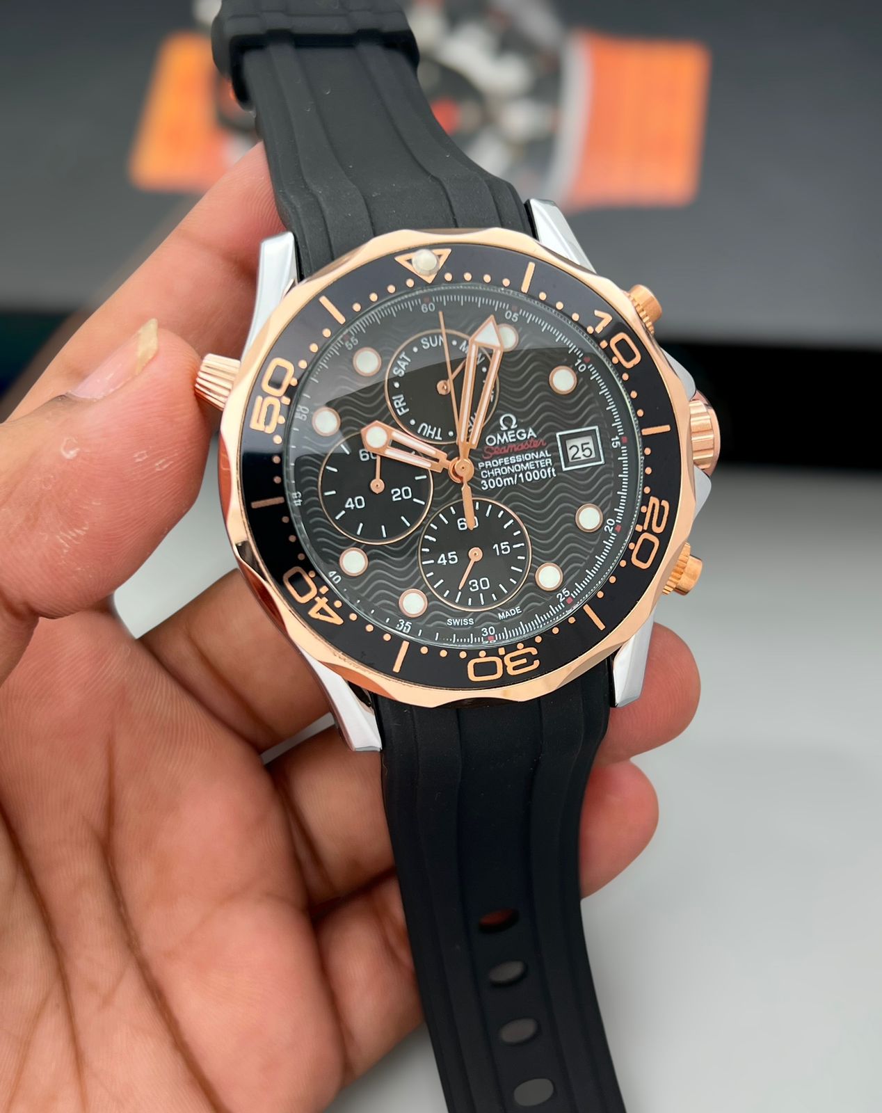 Black & Rose Gold Luxury Sports Watch for Men – Chronograph Style Black Dial Watch | Silicone Strap | Premium Design