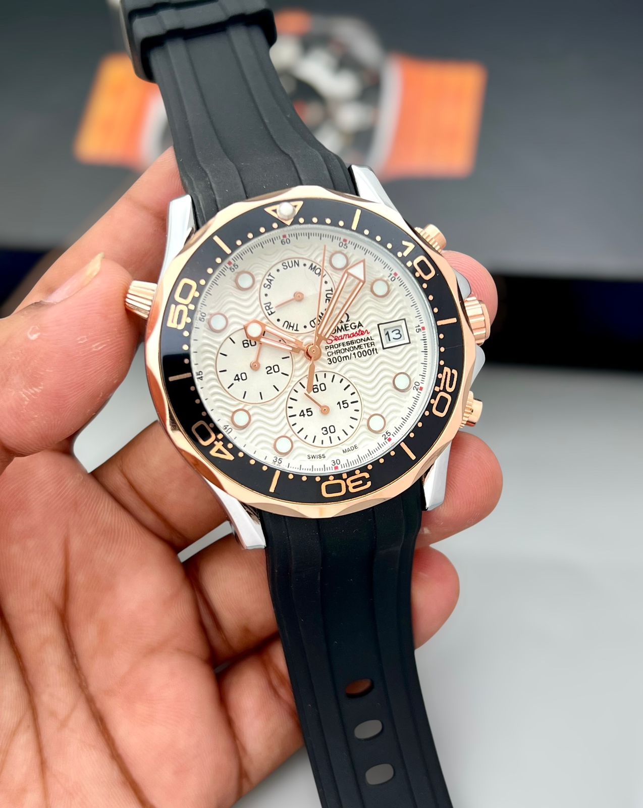 Black & Rose Gold Luxury Sports Watch for Men – Chronograph Style Black Dial Watch | Silicone Strap | Premium Design