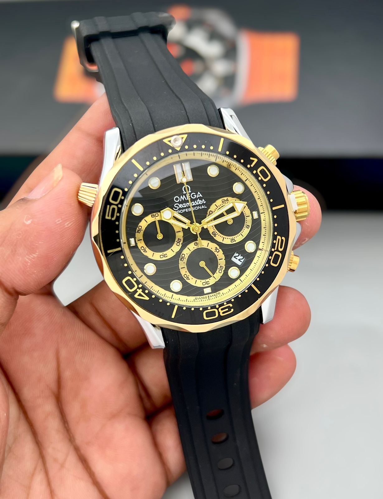 Black & Rose Gold Luxury Sports Watch for Men – Chronograph Style Black Dial Watch | Silicone Strap | Premium Design
