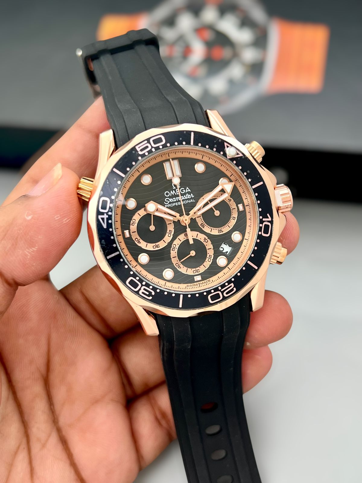 Black & Rose Gold Luxury Sports Watch for Men – Chronograph Style Black Dial Watch | Silicone Strap | Premium Design