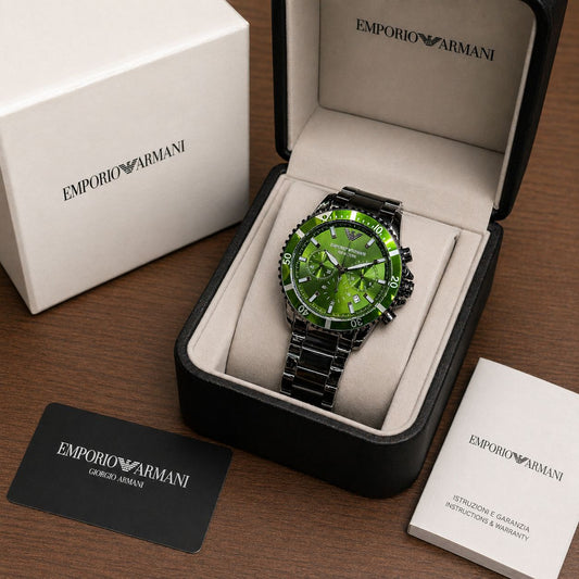 Green Dial Chronograph Style Watch for Men – Stainless Steel Black Strap Watch | Sport Luxury Design