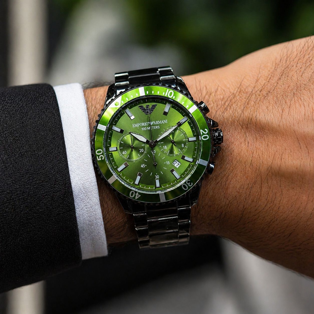 Green Dial Chronograph Style Watch for Men – Stainless Steel Black Strap Watch | Sport Luxury Design