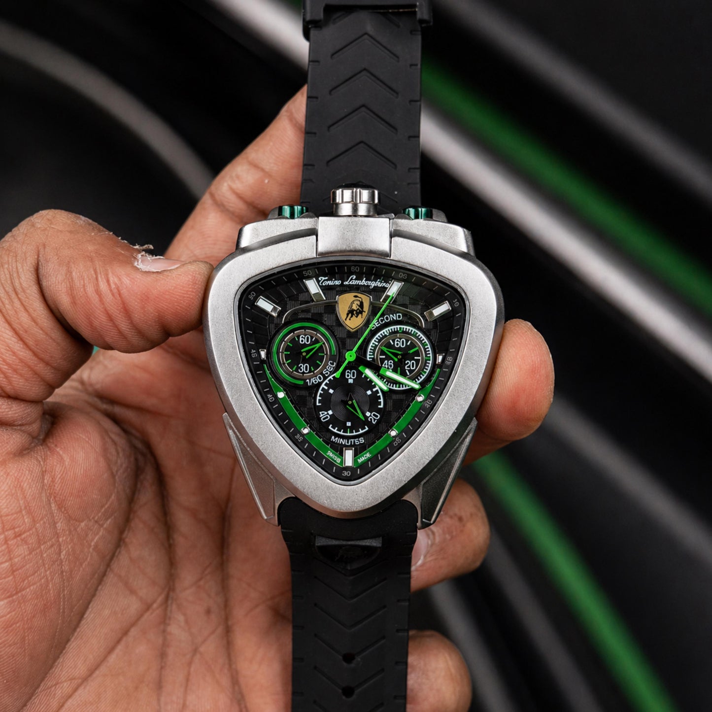 Sport Chronograph Style Watch for Men – Green Dial Multi-Function Watch | Silicone Strap | Racing Design