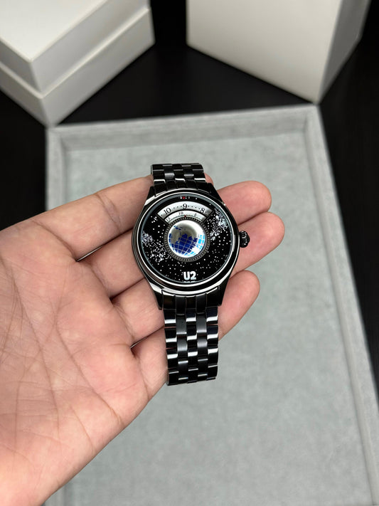 Black Stainless Steel Luxury Watch for Men – Rotating Globe Dial Designer Watch | Premium Metal Strap | Statement Timepiece