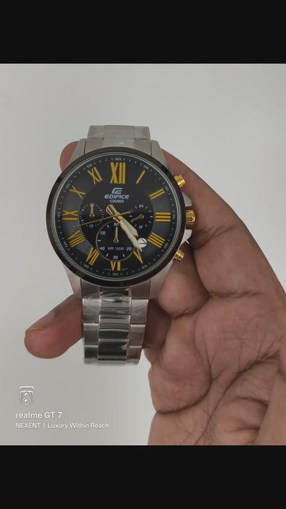 Casio Edifice Chronograph Watch – Black Dial with Gold Accents | Stainless Steel Bracelet | Date Display