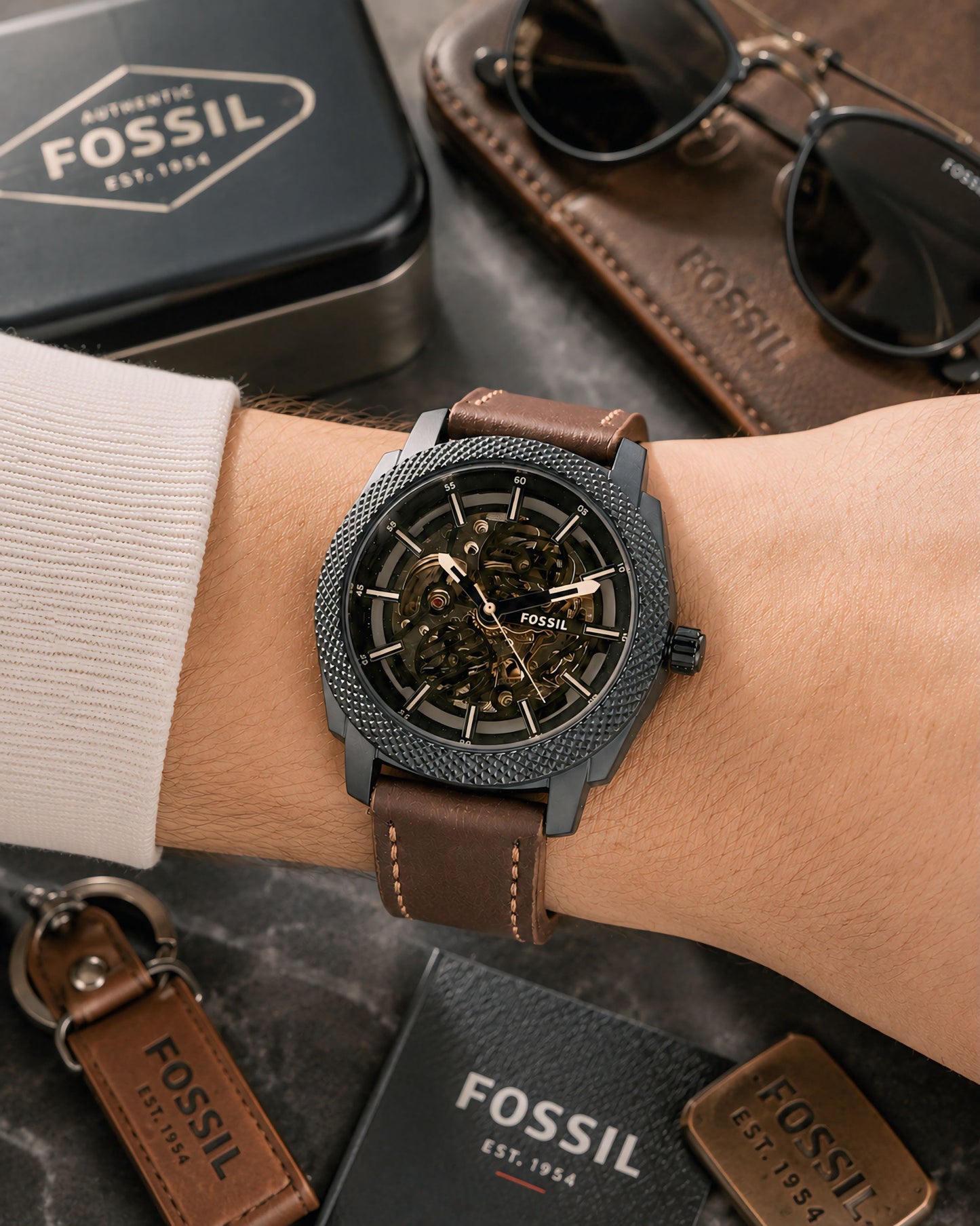 Modern Machine Automatic Skeleton Dial Men's Leather Strap Watch – Black & Brown