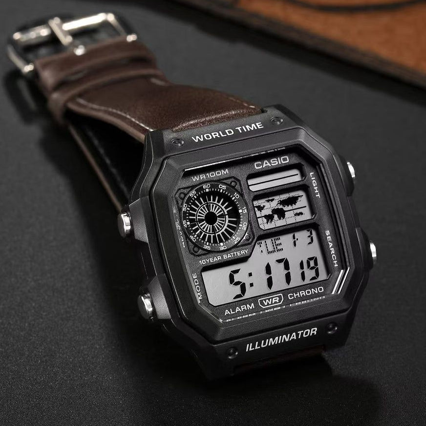 Vintage World Time Digital Watch for Men – Black Dial Brown Leather Strap