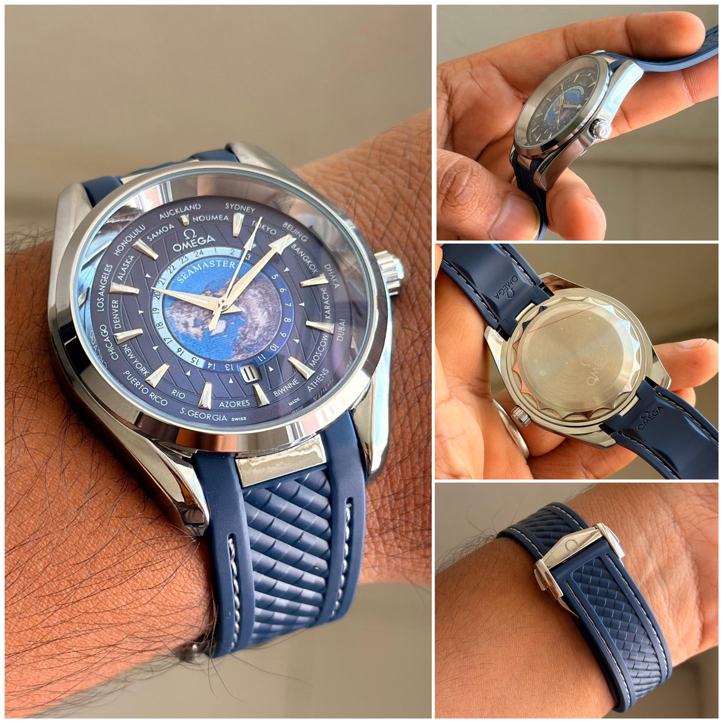 Premium World Timer Blue Dial Rubber Strap Watch for Men