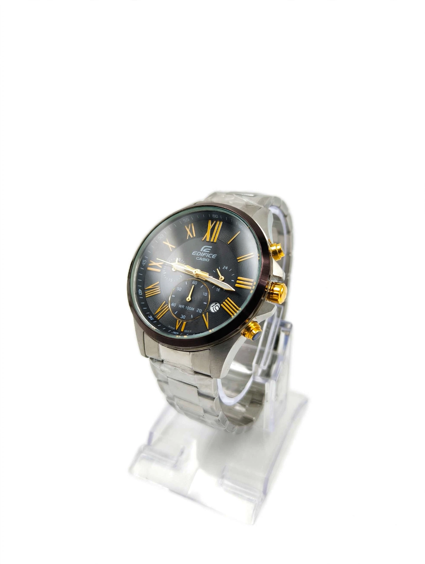 Casio Edifice Chronograph Watch – Black Dial with Gold Accents | Stainless Steel Bracelet | Date Display