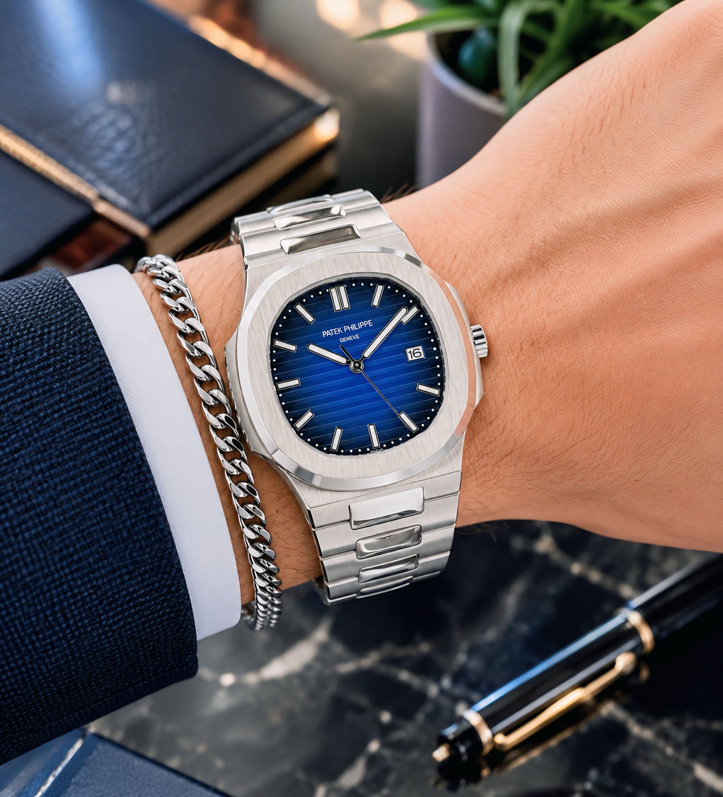 Royal Blue Nautilus-Inspired Stainless Steel Luxury Watch for Men