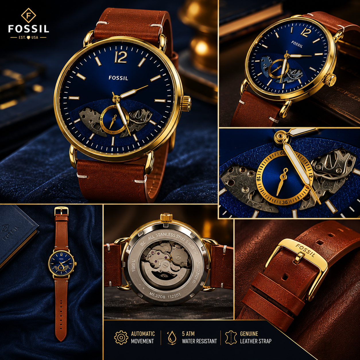Nexent Heritage Automatic Blue Dial Leather Strap Watch