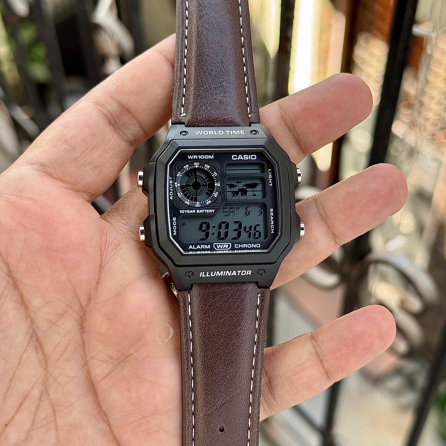 Vintage World Time Digital Watch for Men – Black Dial Brown Leather Strap