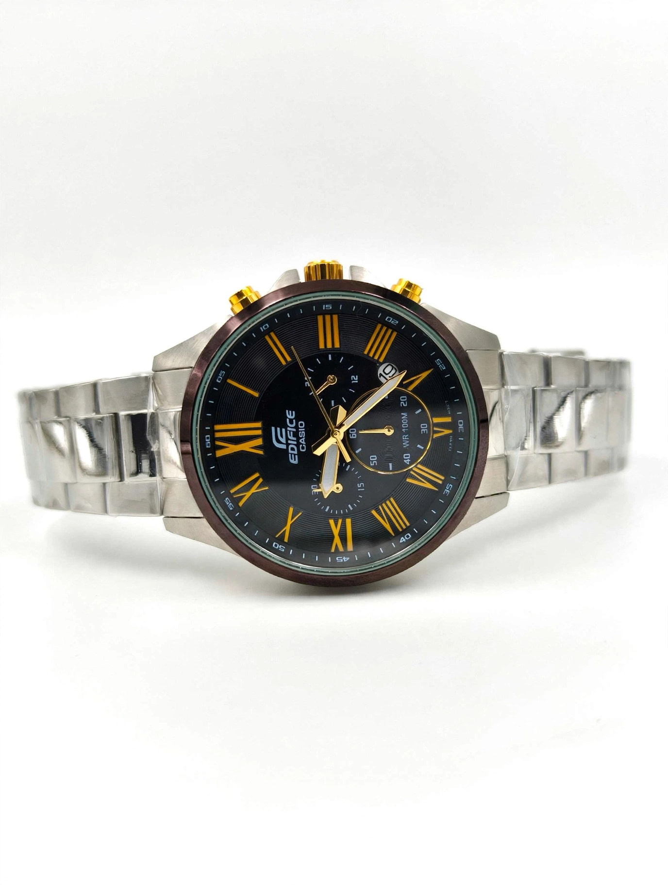 Casio Edifice Chronograph Watch – Black Dial with Gold Accents | Stainless Steel Bracelet | Date Display