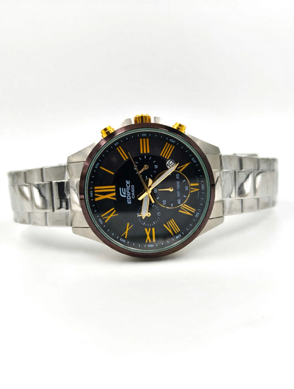 Casio Edifice Chronograph Watch – Black Dial with Gold Accents | Stainless Steel Bracelet | Date Display
