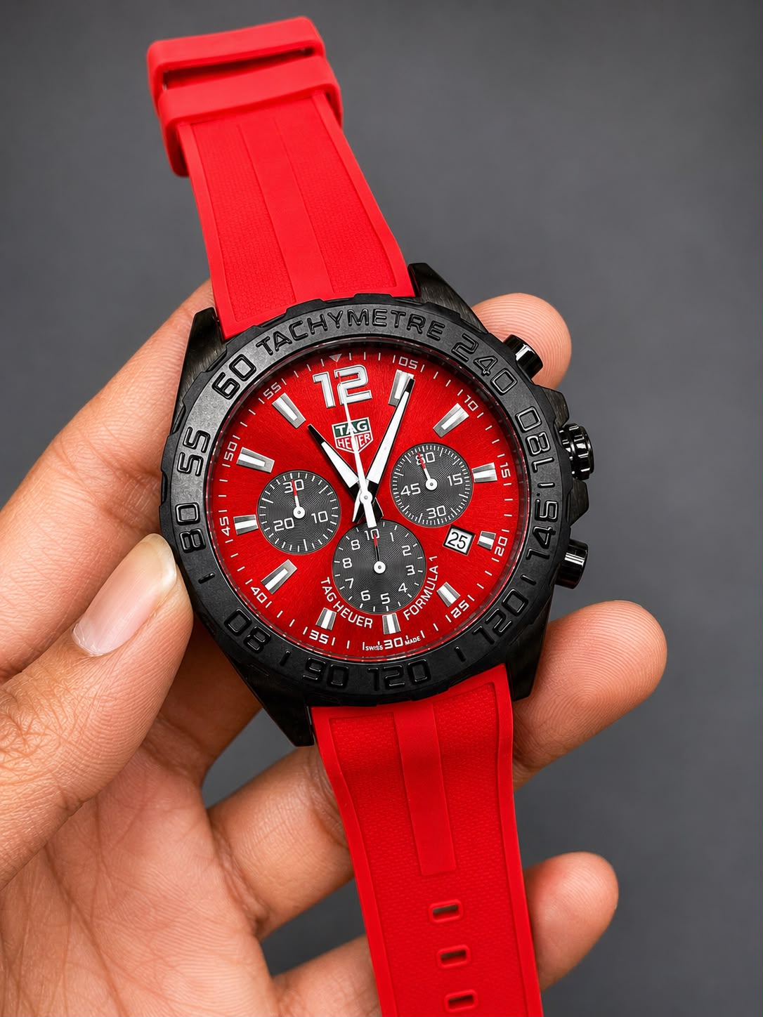 Red Dial Formula Style Chronograph Watch for Men – Black Case & Red Rubber Strap