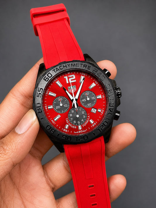 Red Dial Formula Style Chronograph Watch for Men – Black Case & Red Rubber Strap