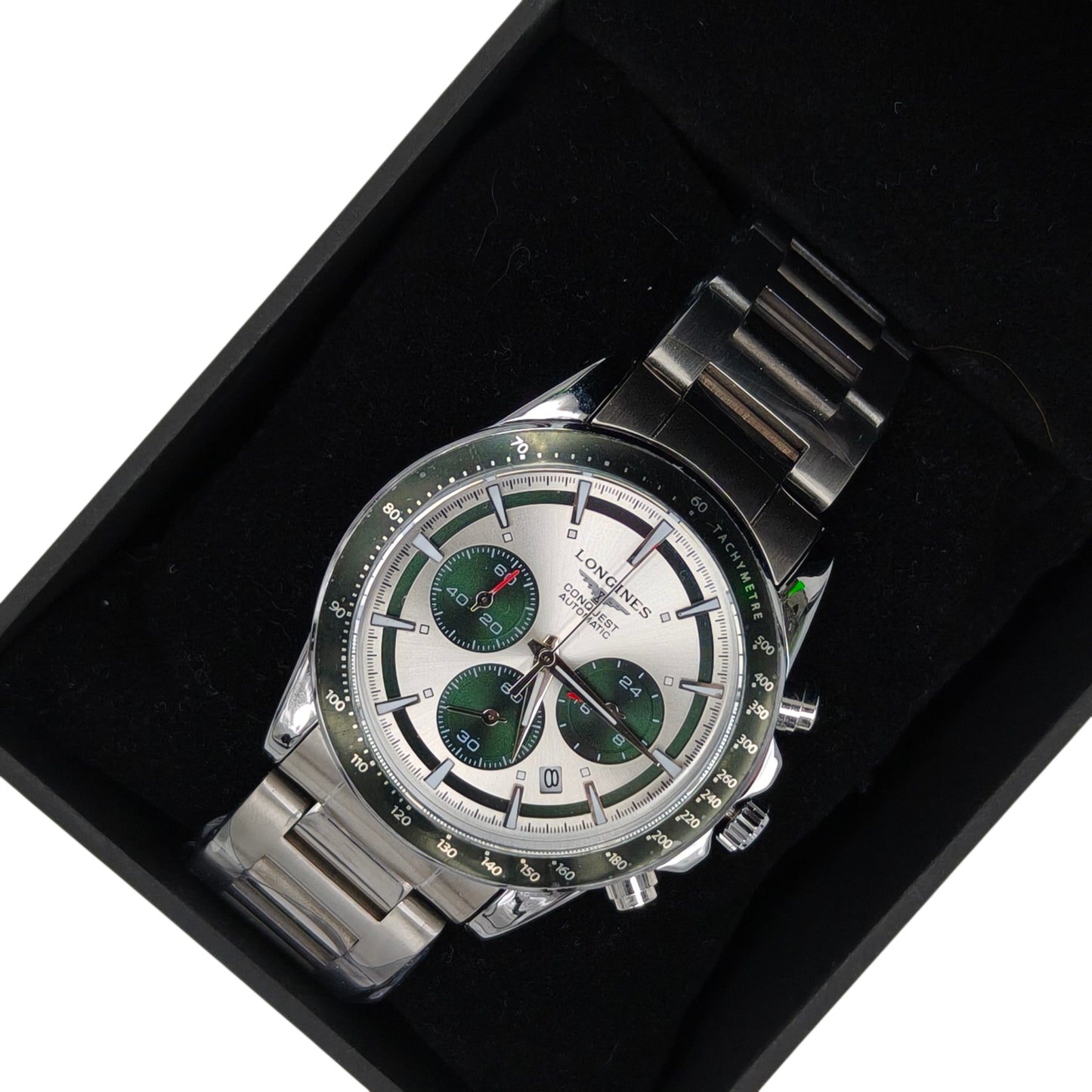 Silver & Emerald Green Chronograph Style Stainless Steel Men's Watch
