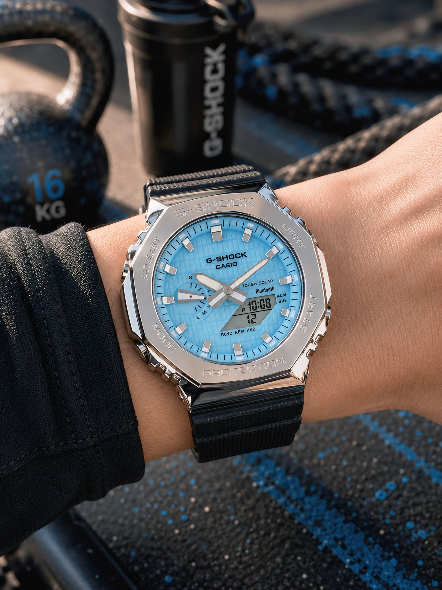 Metal Bezel Analog-Digital Sports Watch with World Time & Stopwatch – Sky Blue Dial
