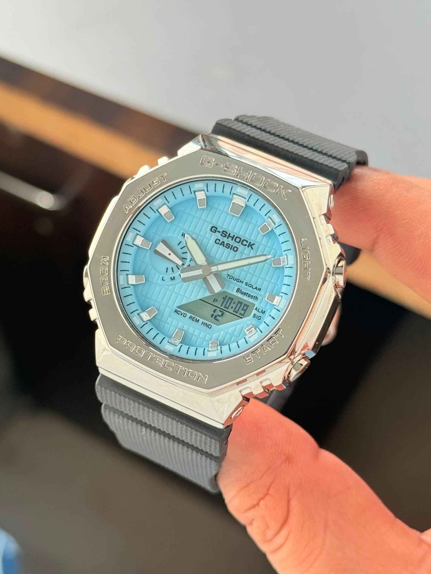 Metal Bezel Analog-Digital Sports Watch with World Time & Stopwatch – Sky Blue Dial