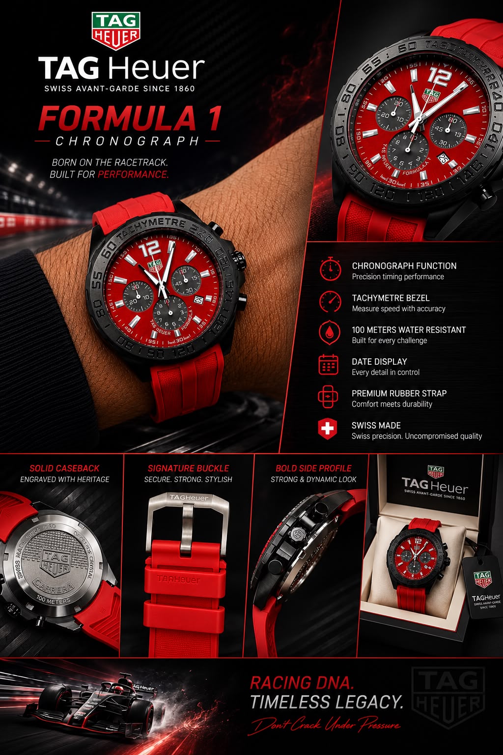 Red Dial Formula Style Chronograph Watch for Men – Black Case & Red Rubber Strap