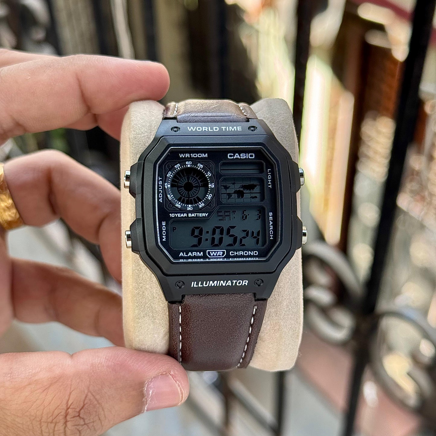 Vintage World Time Digital Watch for Men – Black Dial Brown Leather Strap