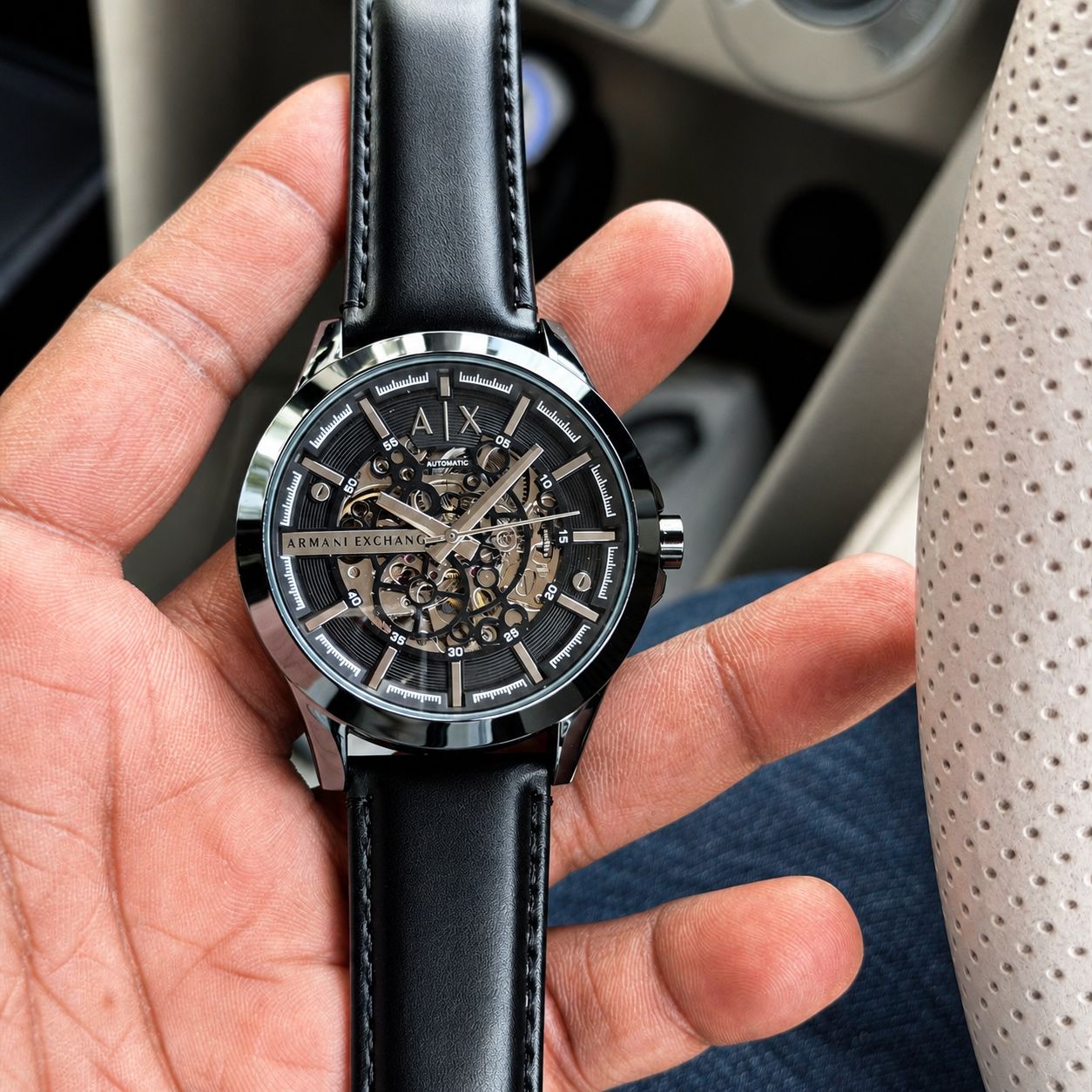 Meccanico Automatic Skeleton Dial Men's Leather Strap Watch – Black