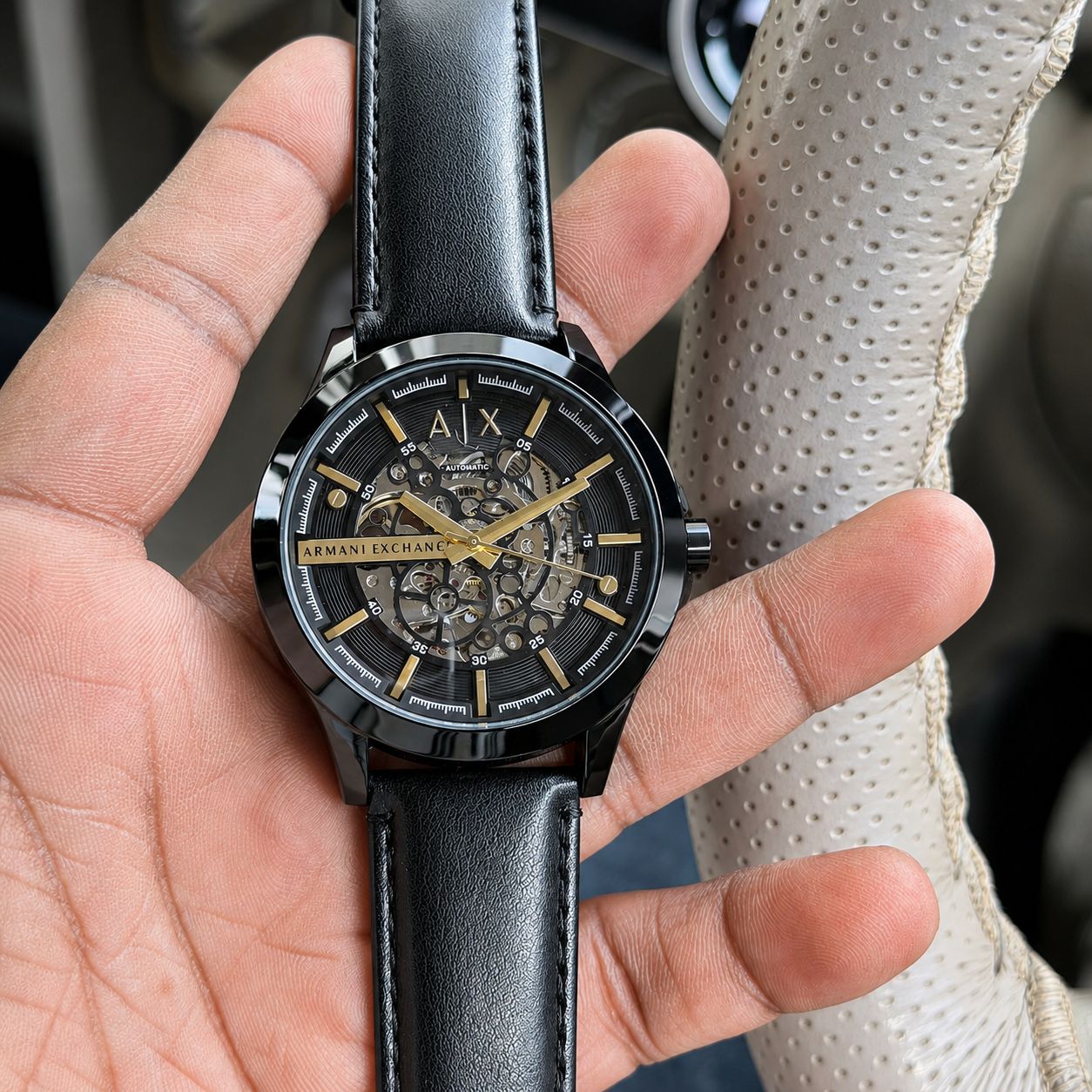 Meccanico Automatic Skeleton Dial Men's Leather Strap Watch – Black