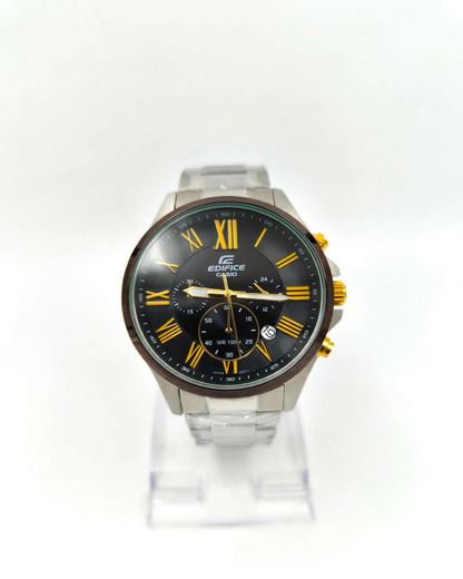 Casio Edifice Chronograph Watch – Black Dial with Gold Accents | Stainless Steel Bracelet | Date Display