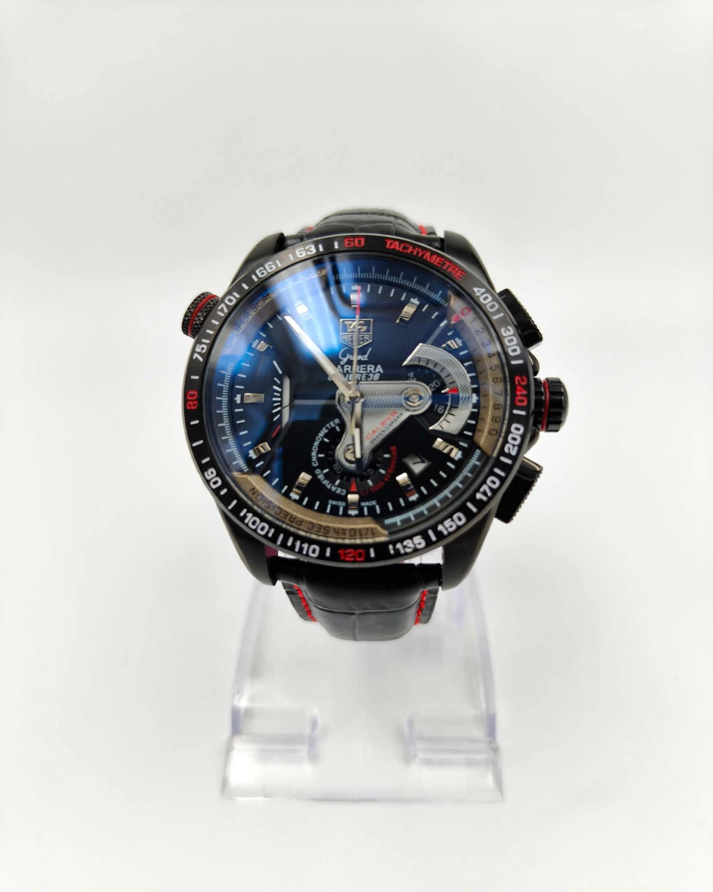 TAG Heuer Grand Carrera Calibre 36 Chronograph Watch – Black Dial | Black Leather Strap | Date Display