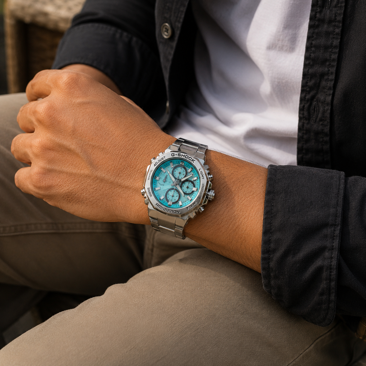 Aqua Blue Chronograph Style Stainless Steel Watch for Men