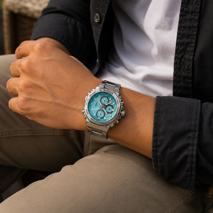 Aqua Blue Chronograph Style Stainless Steel Watch for Men