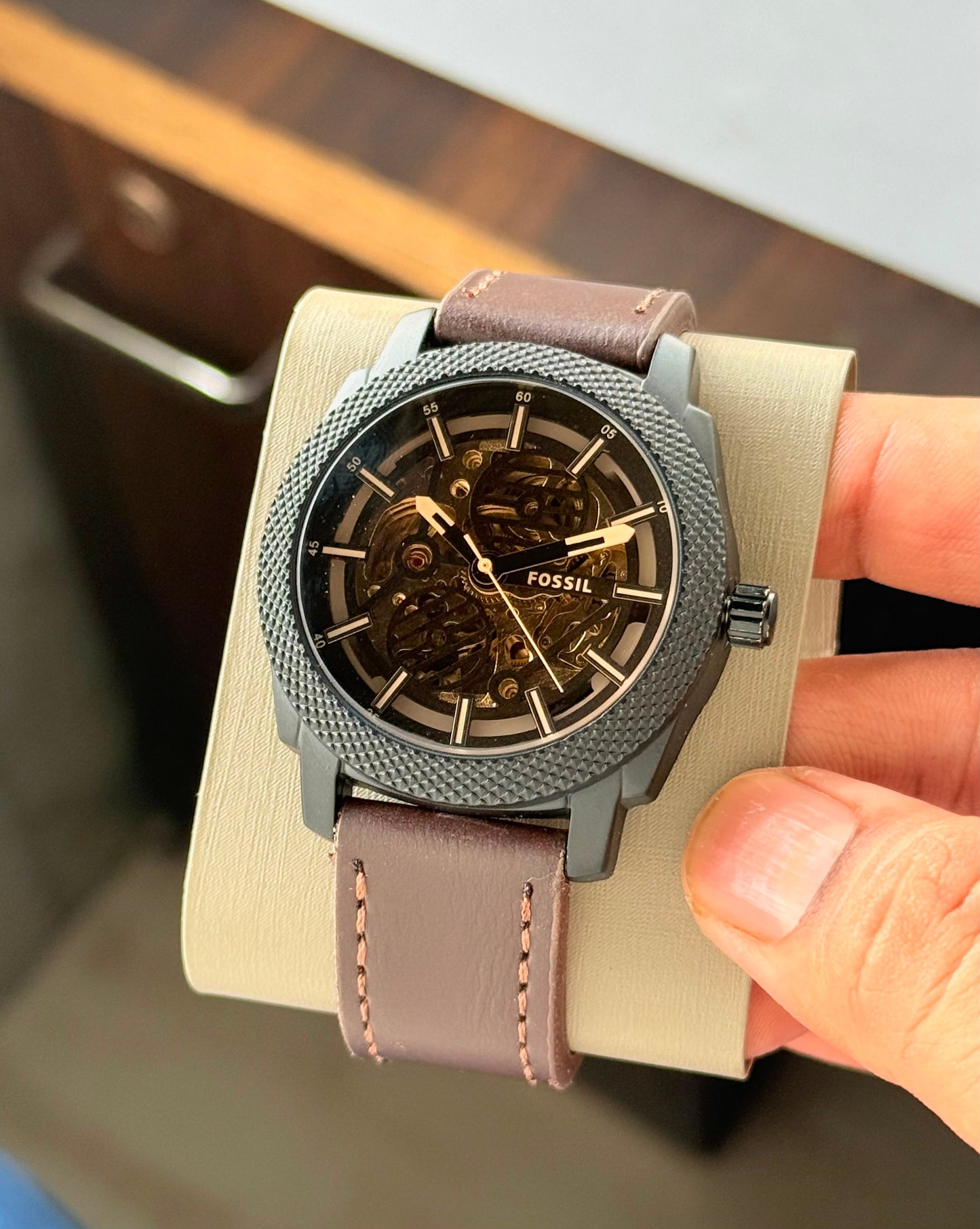 Modern Machine Automatic Skeleton Dial Men's Leather Strap Watch – Black & Brown