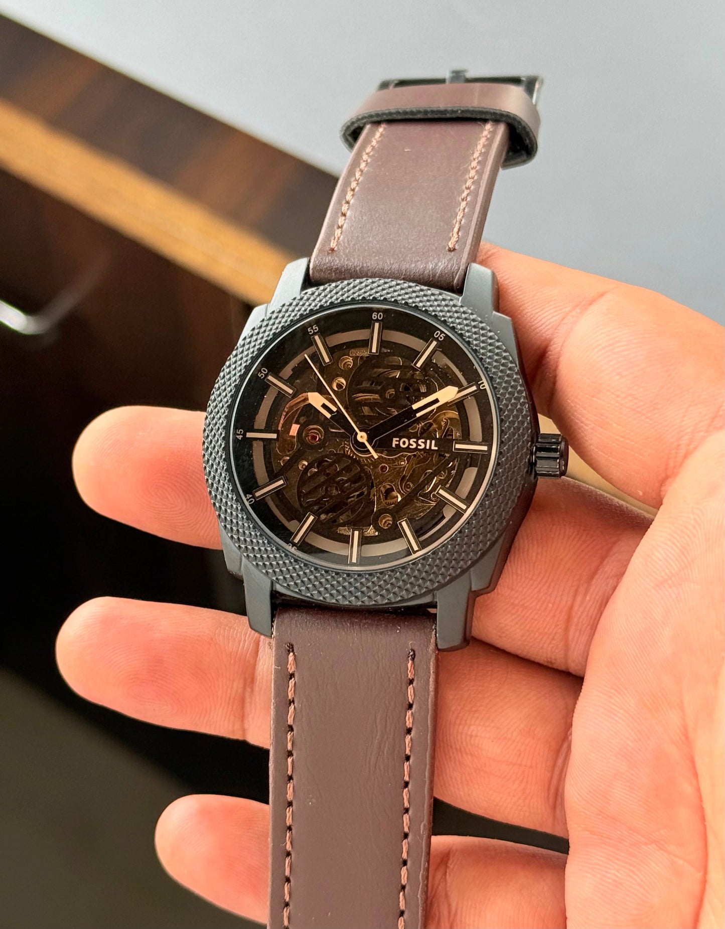 Modern Machine Automatic Skeleton Dial Men's Leather Strap Watch – Black & Brown