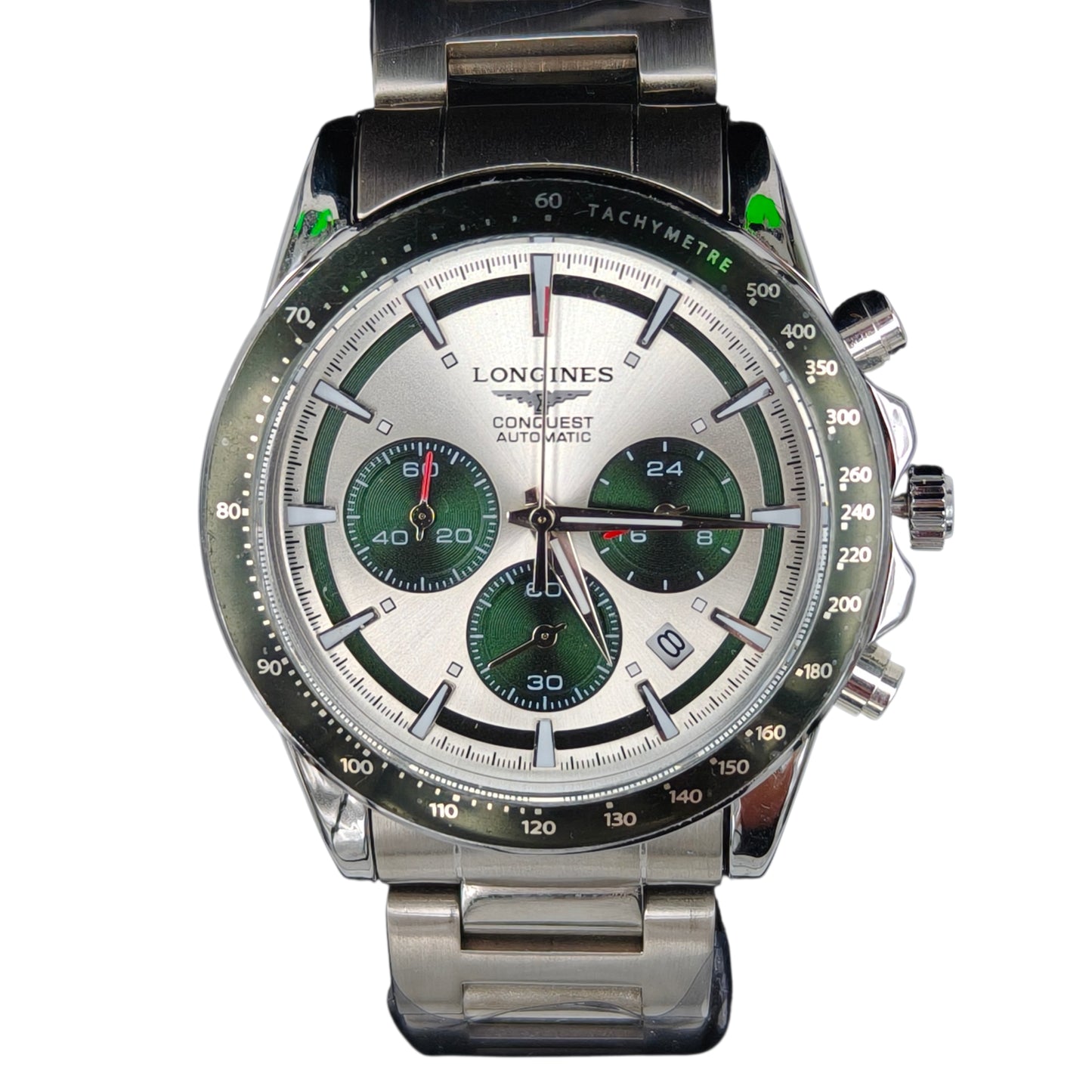 Silver & Emerald Green Chronograph Style Stainless Steel Men's Watch