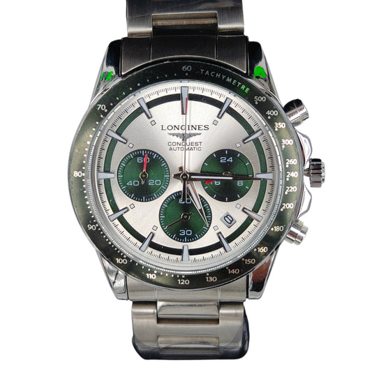 Silver & Emerald Green Chronograph Style Stainless Steel Men's Watch