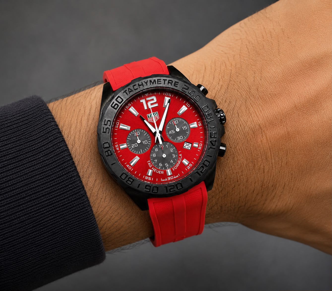 Red Dial Formula Style Chronograph Watch for Men – Black Case & Red Rubber Strap