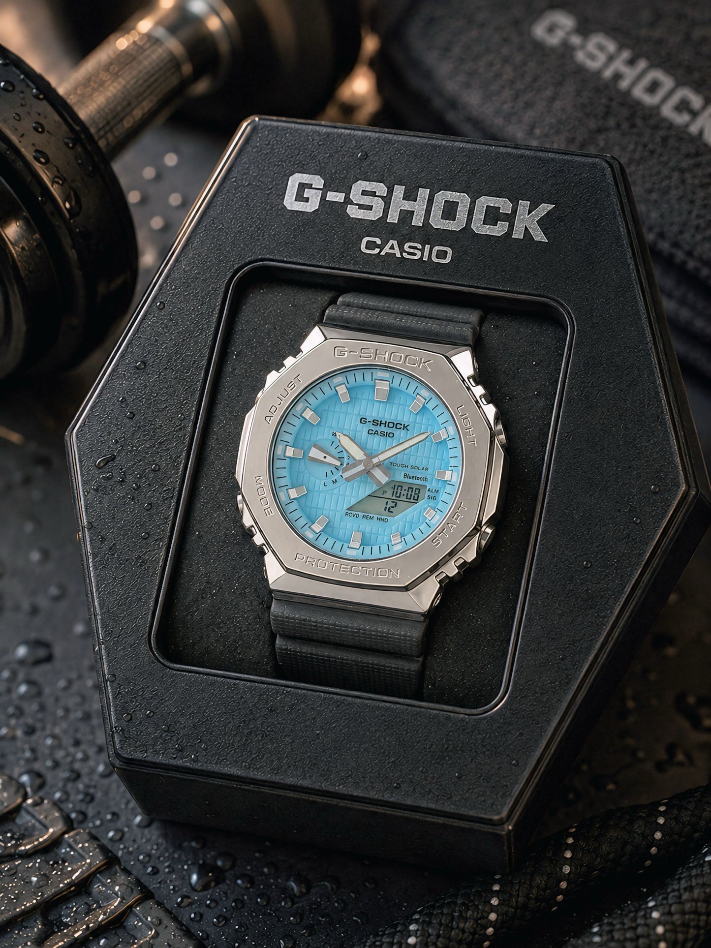 Metal Bezel Analog-Digital Sports Watch with World Time & Stopwatch – Sky Blue Dial