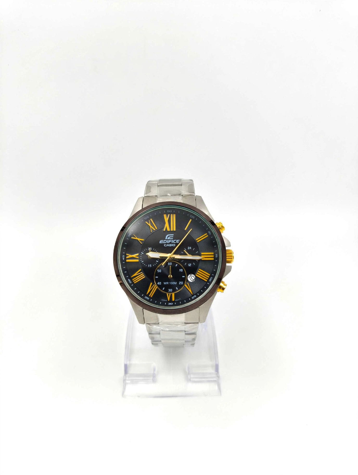 Casio Edifice Chronograph Watch – Black Dial with Gold Accents | Stainless Steel Bracelet | Date Display