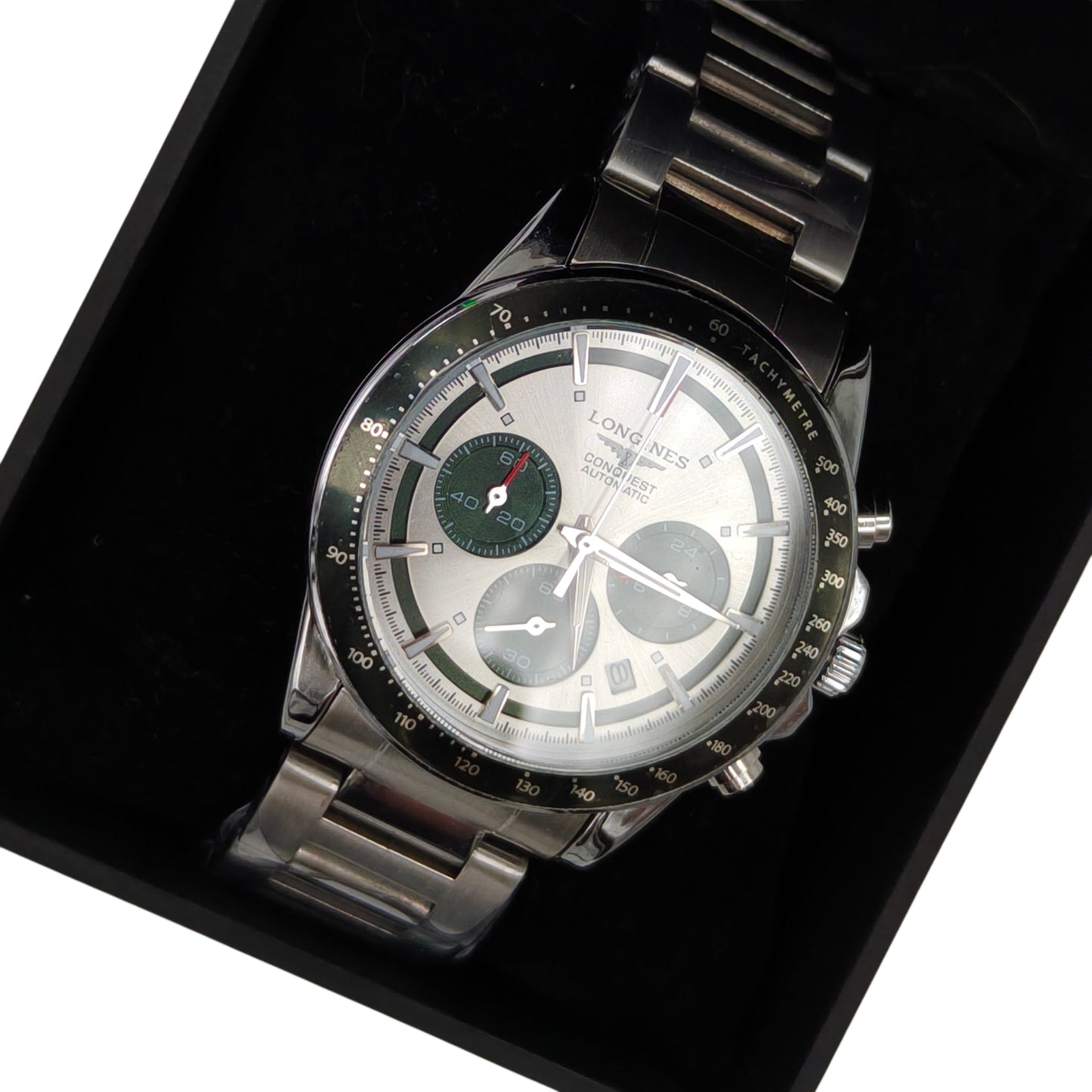 Silver & Emerald Green Chronograph Style Stainless Steel Men's Watch