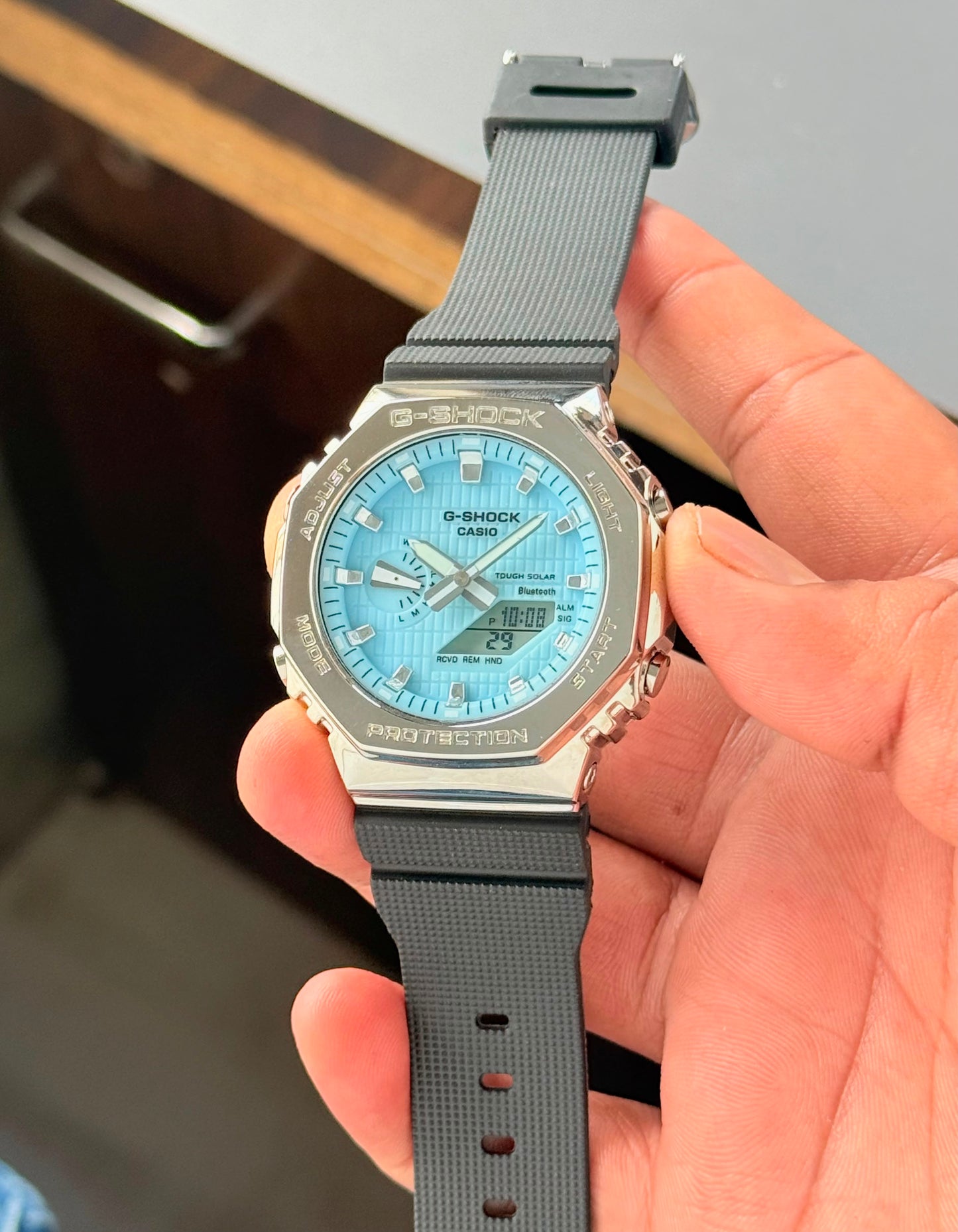 Metal Bezel Analog-Digital Sports Watch with World Time & Stopwatch – Sky Blue Dial