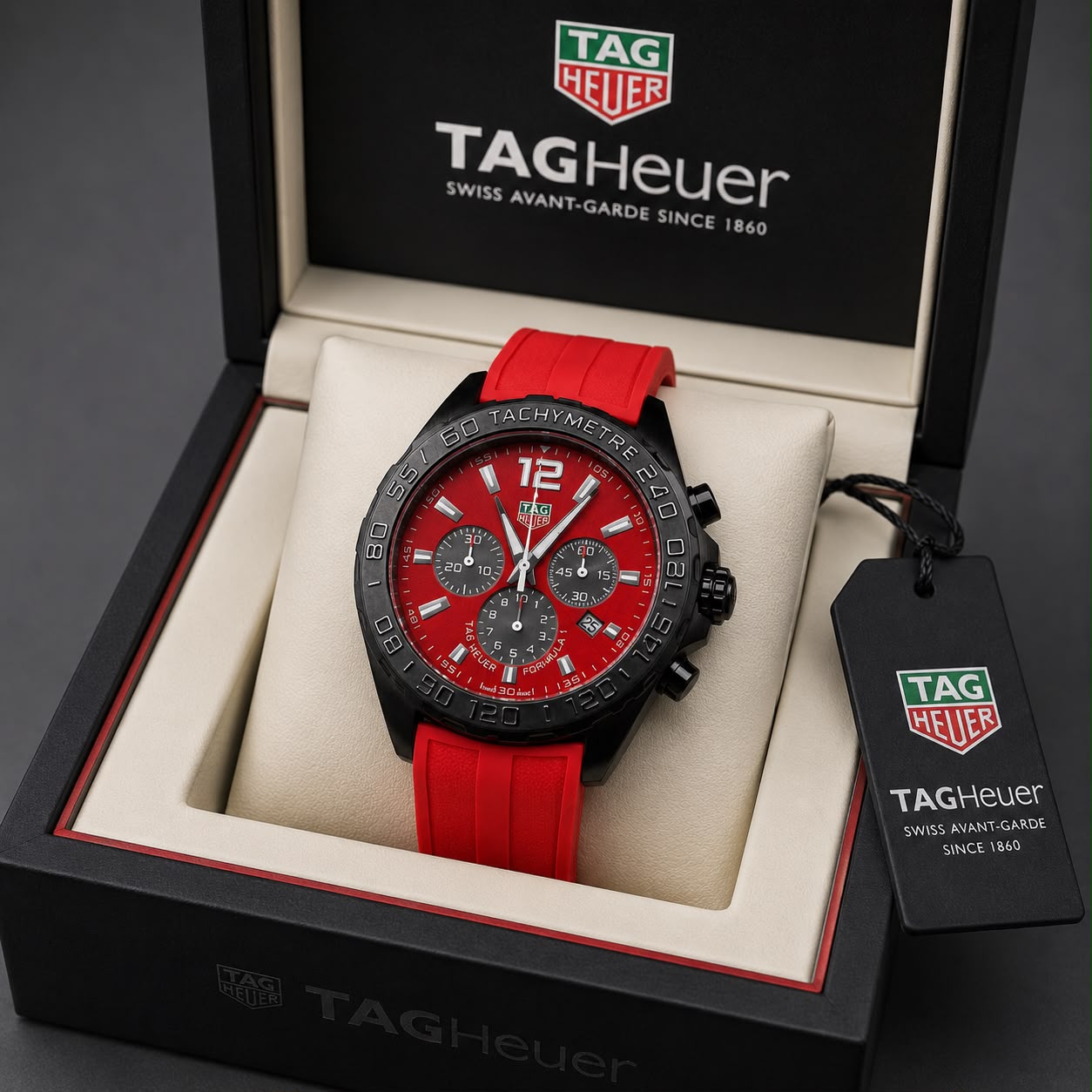 Red Dial Formula Style Chronograph Watch for Men – Black Case & Red Rubber Strap